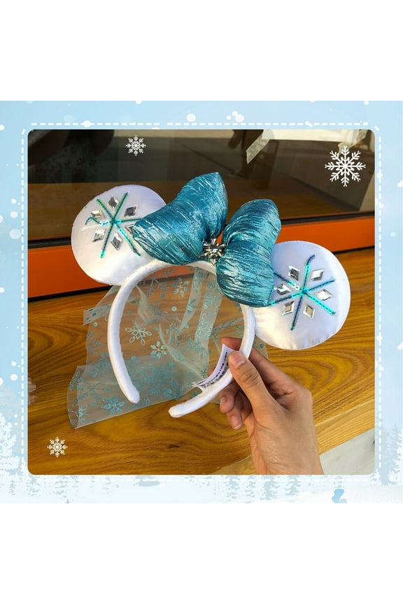 NEW Fashion Elsa Princess Headband, Blue Bow Diamond Crystal Snowflake Hairbands, Girls Minnie Ears Headwear Birthday Christmas Gift