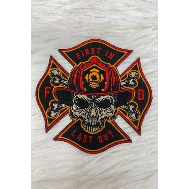 NEW Firefighter Patch, "First In, Last Out," First Responder Gift Idea, 1-pc Iron-on Embroidered Fire Skull Applique, Size 4", Fire Badge