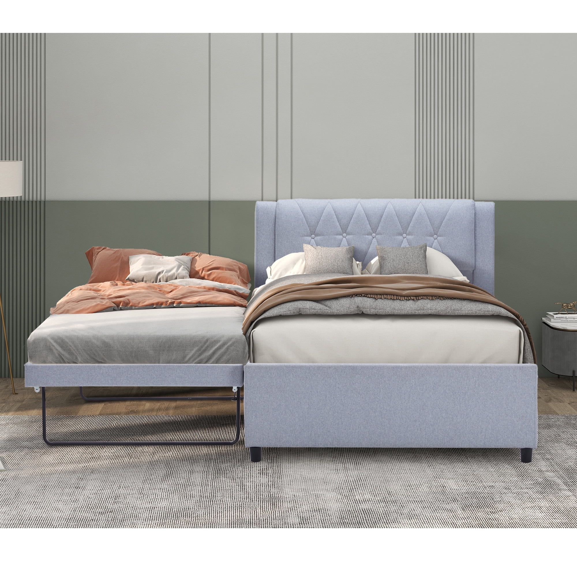 {NEW}Full Size Upholstery Platform Bed with Trundle,Trundle can be Flat or Erected, Modern Bed ...