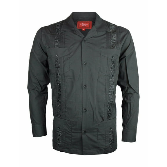 NEW GUAYABERA MEN MEXICAN CUBAN BARTENDER WEDDING LONG SLEEVE CASUAL DRESS SHIRT (Black, 3XL)