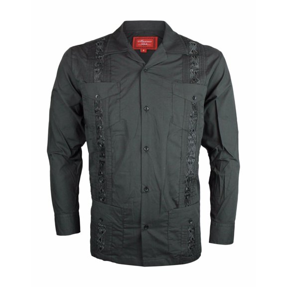 NEW GUAYABERA MEN MEXICAN CUBAN BARTENDER WEDDING LONG SLEEVE CASUAL DRESS SHIRT (Black, 5XL)