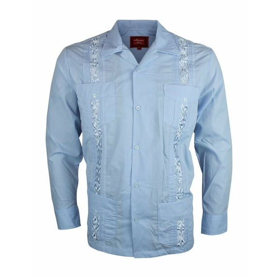 NEW GUAYABERA MEN MEXICAN CUBAN BARTENDER WEDDING LONG SLEEVE CASUAL DRESS SHIRT (Light Blue, M)