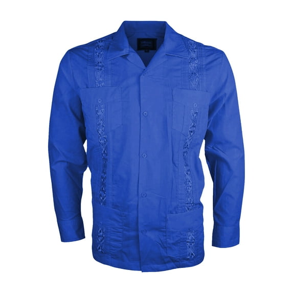 NEW GUAYABERA MEN MEXICAN CUBAN BARTENDER WEDDING LONG SLEEVE CASUAL DRESS SHIRT (M, Royal Blue)