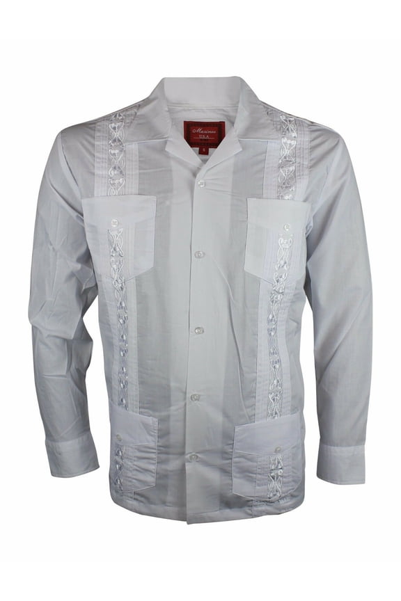 NEW GUAYABERA MEN MEXICAN CUBAN BARTENDER WEDDING LONG SLEEVE CASUAL DRESS SHIRT (White, L)