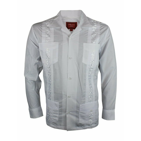 NEW GUAYABERA MEN MEXICAN CUBAN BARTENDER WEDDING LONG SLEEVE CASUAL DRESS SHIRT (White, XL)