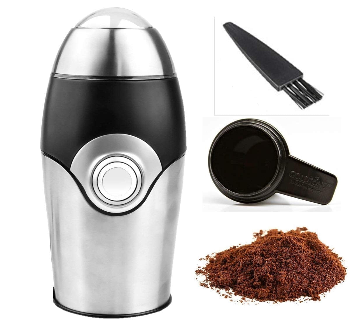 GoldTone Brand Coffee Grinder Powerful 200 Watt w/ 1 oz Coffee Scoop and Micro Cleaning Brush - Portable Automatic Electric Coffee Herb Nut Spice Grinder