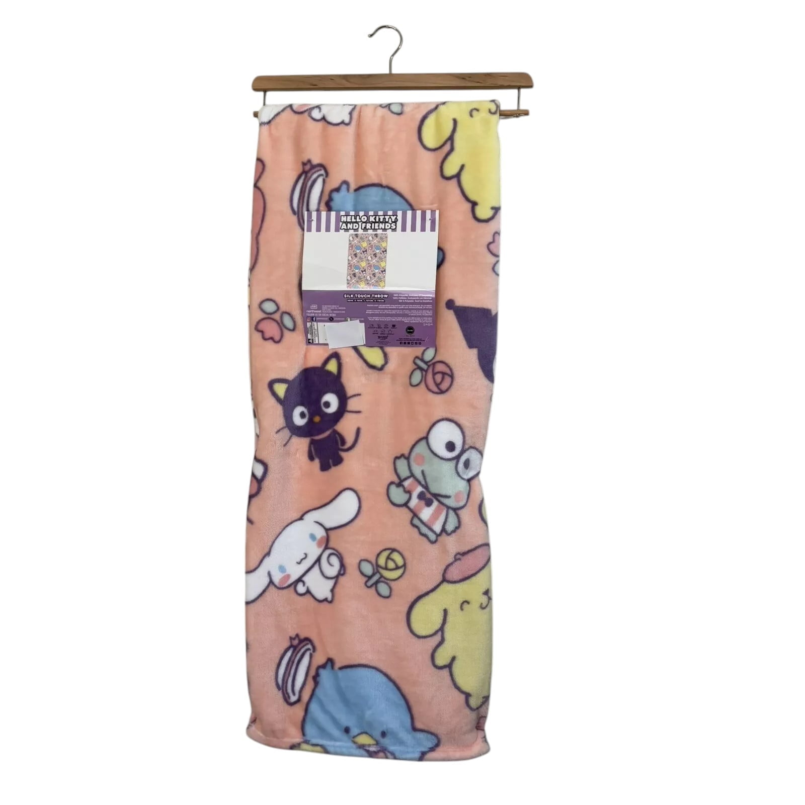 NEW HELLO KITTY \u0026 FRIENDS Peach Pink Silk Touch Throw Blanket 50 x 70 VIRAL Chococat, My Melody, Kuromi, Cinnamoroll, Pompompurin, Tuxedo Sam