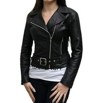 NEW HOT Women Black Lambskin Real Leather Belted Jacket Motorcycle Slim Fit Coat W682