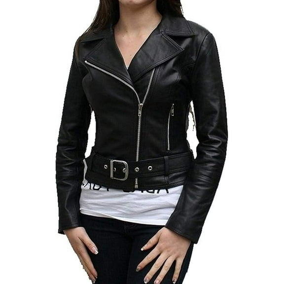 NEW HOT Women Black Lambskin Real Leather Belted Jacket Motorcycle Slim Fit Coat W682