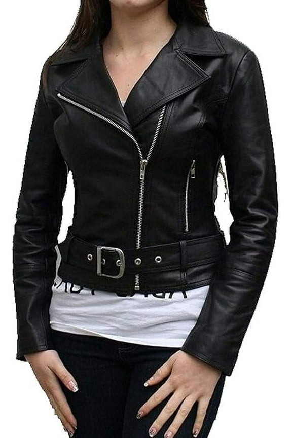 NEW HOT Women Black Lambskin Real Leather Belted Jacket Motorcycle Slim Fit Coat W682