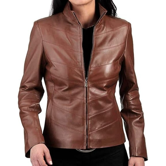 HOT Women's Genuine Brown Lambskin Real Leather Jacket Stylish Biker Coat W740