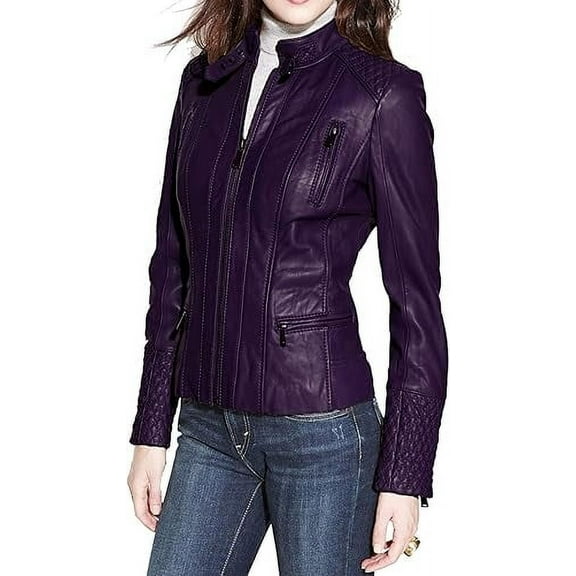 NEW HOT Women Purple Lambskin Real Leather Jacket Motorcycle Slim Fit Coat W667