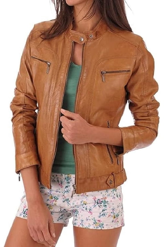 NEW HOT Women Tan Lambskin Real Leather Jacket Motorcycle Slim Fit Coat W280