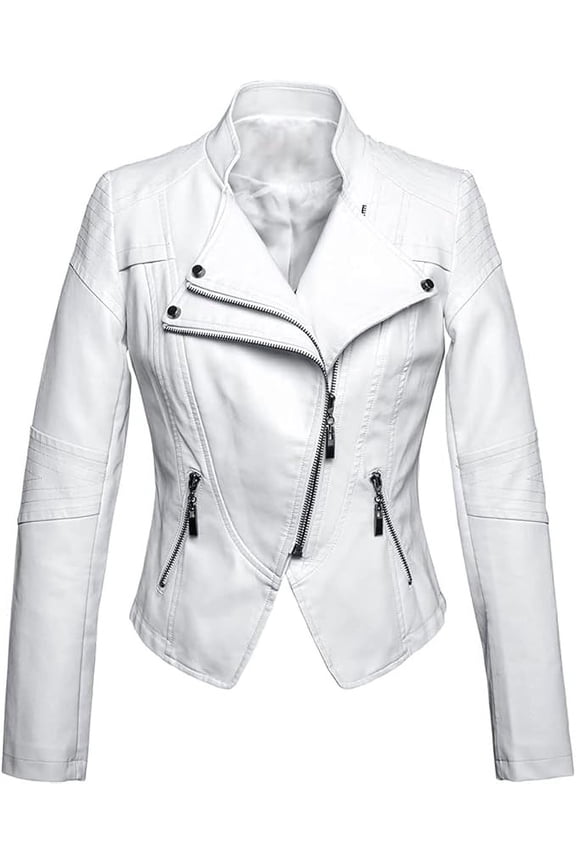 NEW HOT Women White Lambskin Real Leather Jacket Motorcycle Slim Fit Coat W302