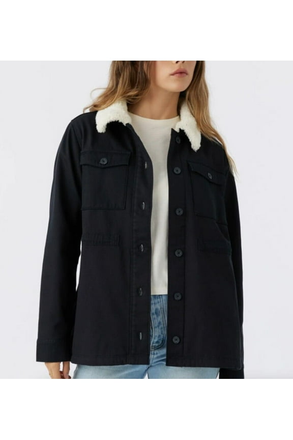 NEW Hang Ten Women's Utility Fleece lined Jacket Plush Collar Black Size S