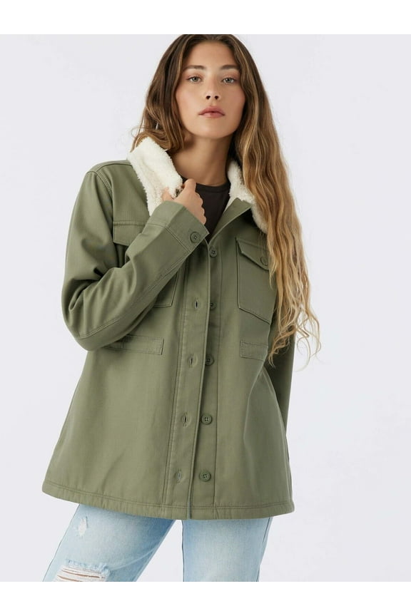 NEW Hang Ten Women's Utility Fleece lined Jacket Plush Collar Olive Size L