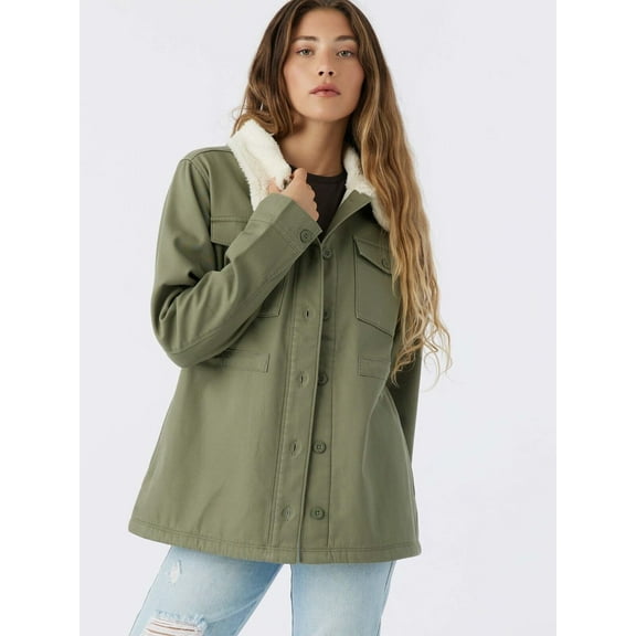 NEW Hang Ten Women's Utility Fleece lined Jacket Plush Collar Olive Size L