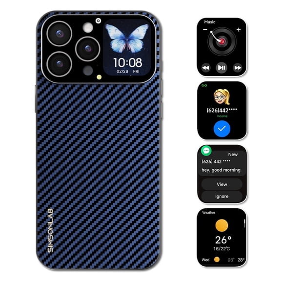 Smart Ink Screen Phone Case, HD Selfie Preview, Custom Dial, Magnetic Charging, Bluetooth Call, Message Reminder, Music Control for iPhone 15 PM- Blue