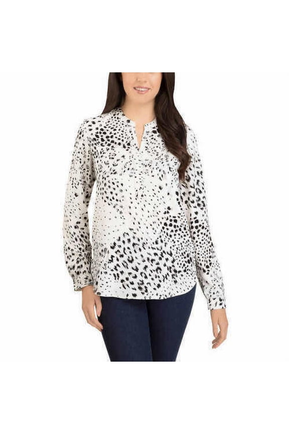 NEW!!! Hilary Radley Women's Roll-Sleeve Blouse Shirt (Off White Black & Medium)