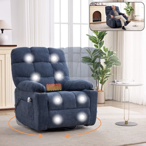NEW Hot Massage Manual Swivel Rocker Recliner Chair with Cup Holder, Pillow Top Arms, Lumbar Heat, 155° Recline, Easy Assembly for Living Room