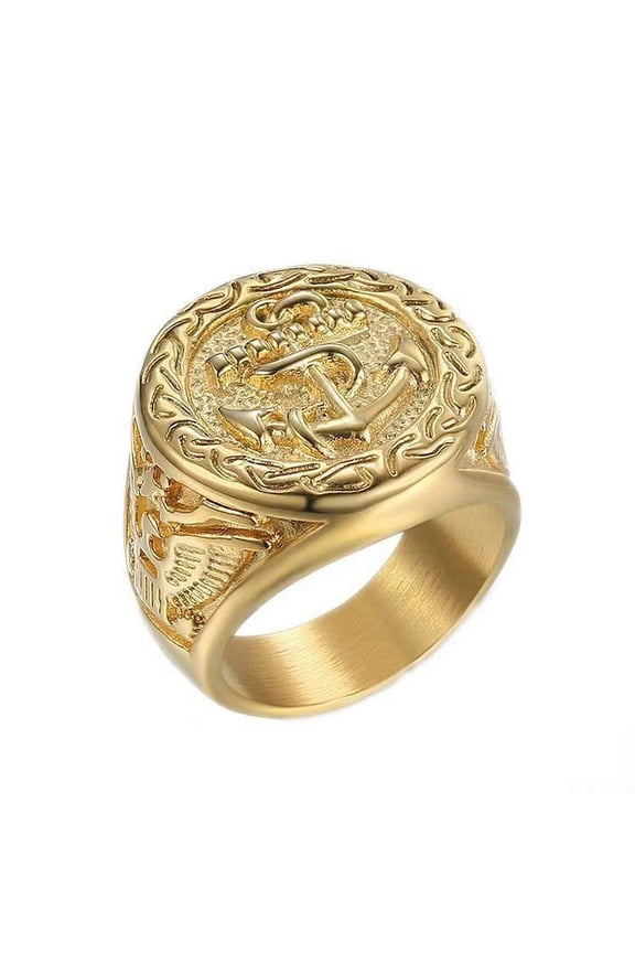 NEW Hot Sale 14K Yellow Gold Golden Anchor Biker Ring Hip Hop Rock Jewelry For Men