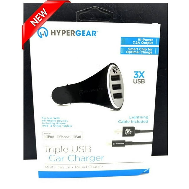NEW HyperGear Triple USB Fast Car Charger for iPhones, iPods, and iPads