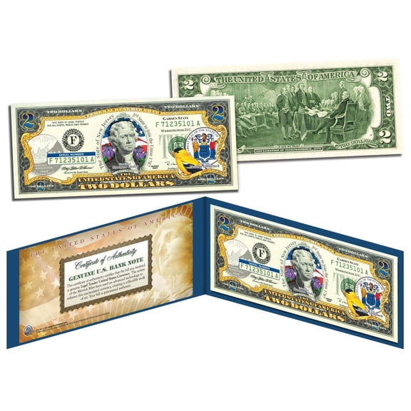 NEW JERSEY Statehood Colorized $2 Bill  Genuine U.S. Currency with Display Folio