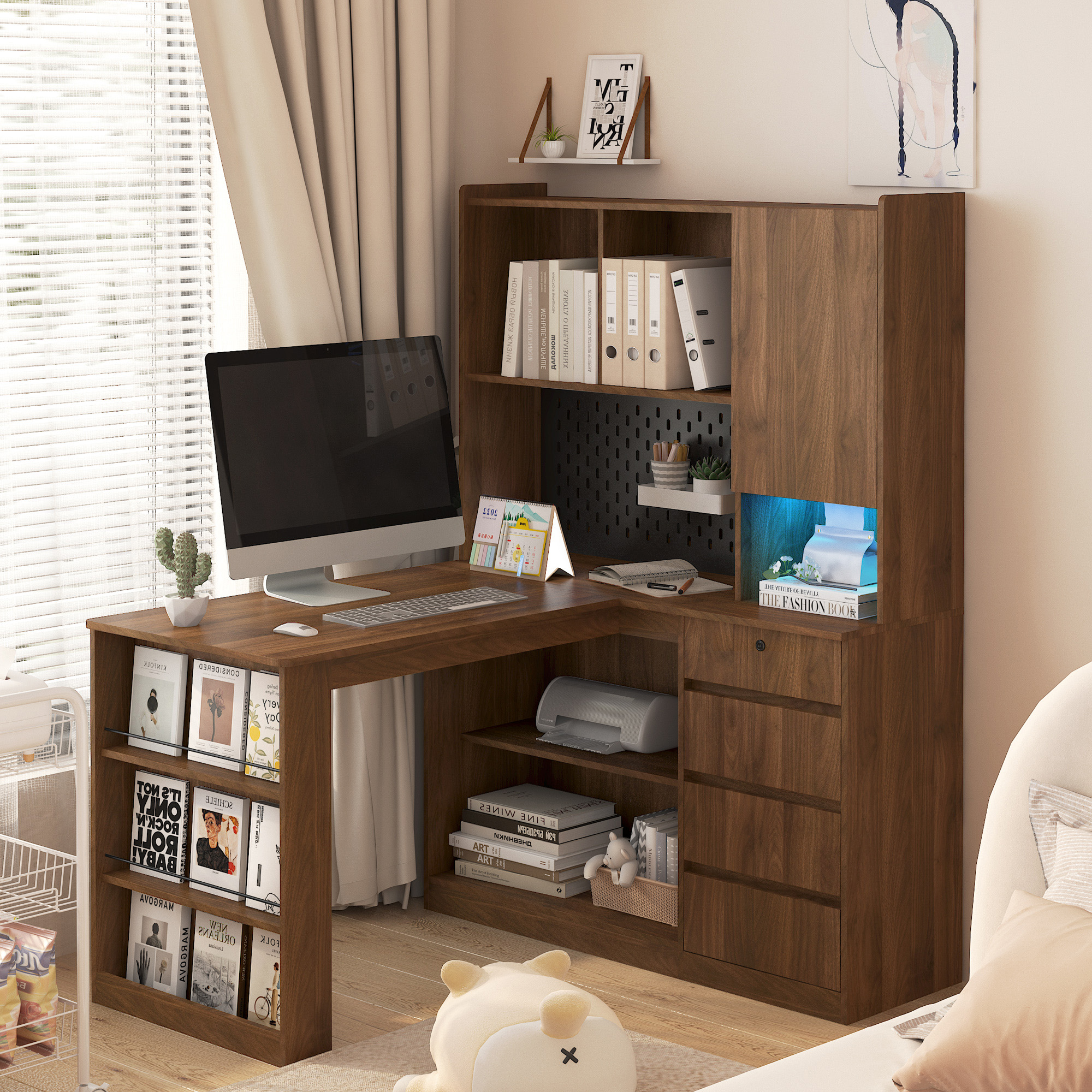 NEW L Shaped Desk with Charger,Computer Desk with Drawers,Bookshelf, with LED Light,Modern Corner Desk,Home Office Desk,L-Shaped Study Table Writing Desk,Corner Gaming Computer Desk with Storage