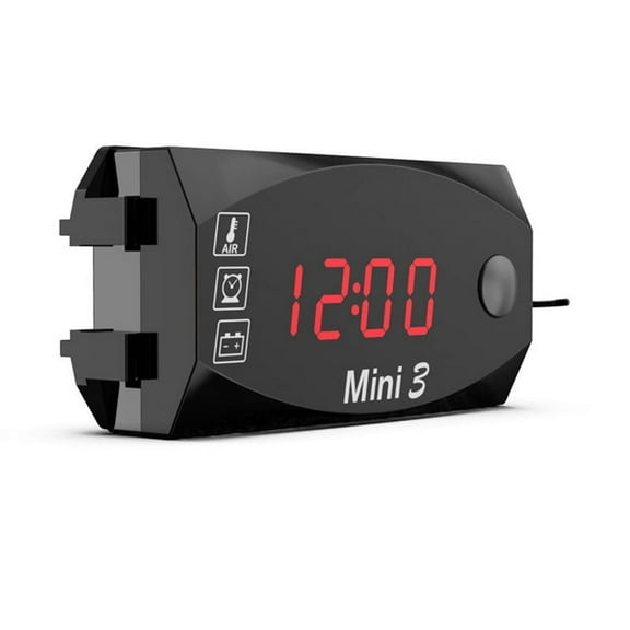 LCD Display Voltmeter Waterproof IP67 Digital Time Clock for Motorcycle Scooter Car Boat 3-in-1 Thermometer,Red Light
