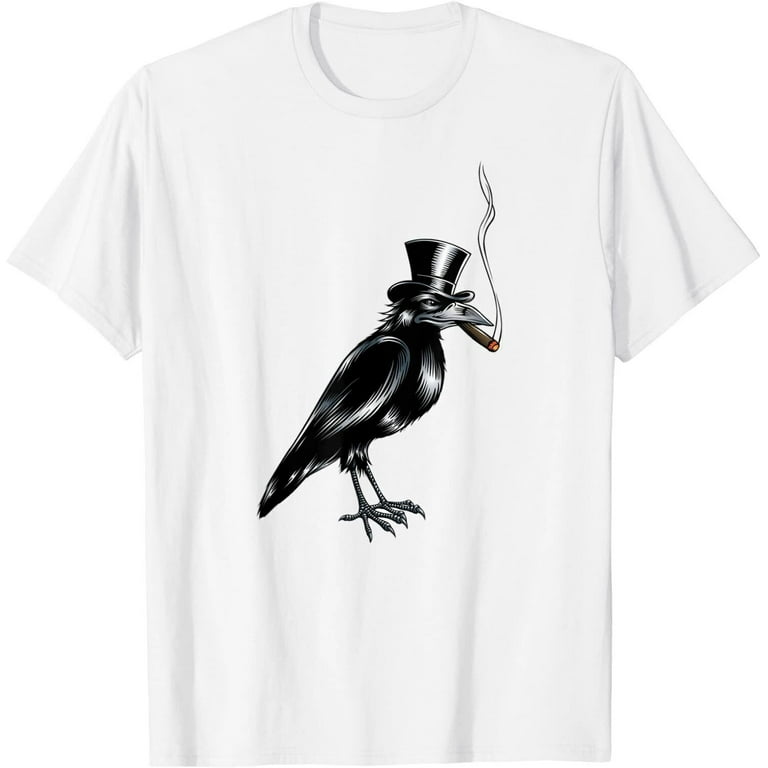 Black Crow Top Hat Smoking Cigar Graphic Art T-Shirt Black Crow Top Hat Smoking Cigar Graphic Art T-Shirt