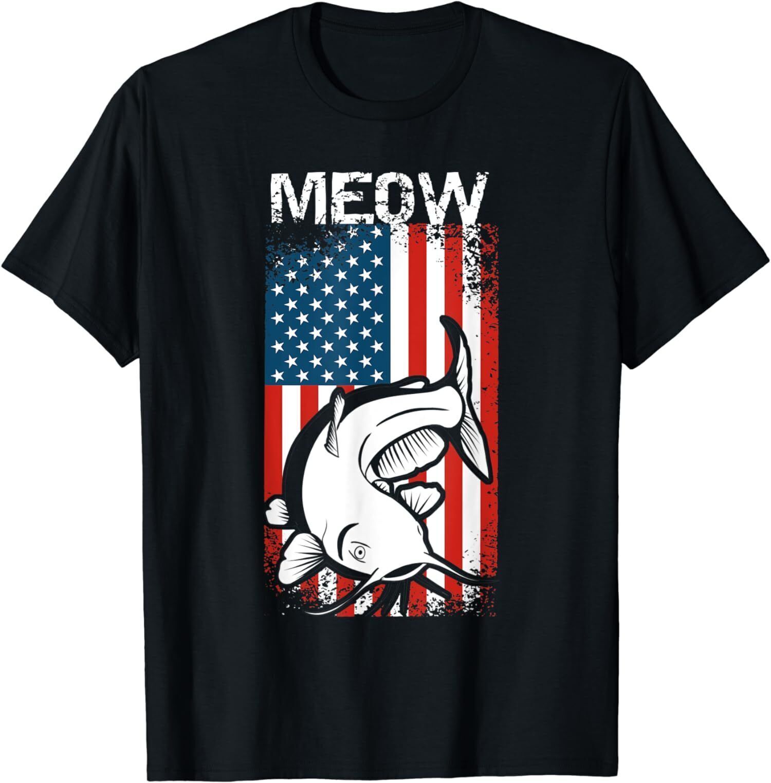 NEW LIMITED Meow American Flag Catfishing Funny Catfish TShirt