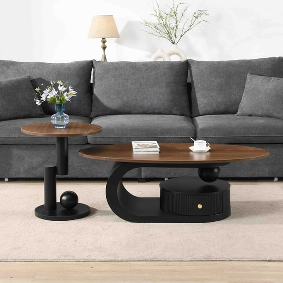 NEW Luxury Nesting Coffee Table Set of 2, Tables with Storage for Living Room, Oval and Round Table Set, Black Center Table, Cocktail Table, Side Table, Large 47.24'', Small 19.69''