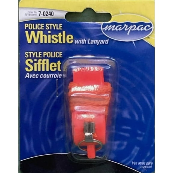 NEW MARPAC 7-0240 SAFETY WHISTLE POLICE-STYLE PLASTIC ORANGE W/ LANYARD
