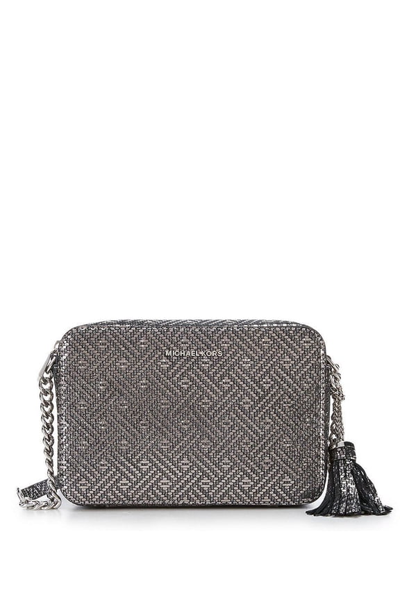 NEW MICHAEL KORS GINNY MEDIUM EMBOSSED LEATHER SILVER CAMERA BAG CROSSBODY PURSE