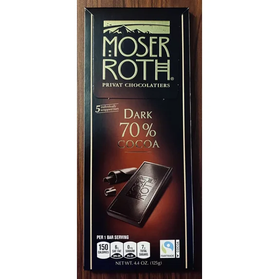 NEW MOSER ROTH PREMIUM DARK CHOCOLATE 70% COCOA 5-BAR 4.4-oz PACK NEW