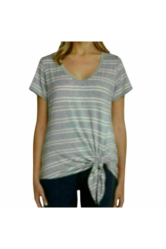 NEW!!! Matty M Ladies' V-Neck S/S Knot Tie Stripe Shirt (HT Grey Stripe & Large)