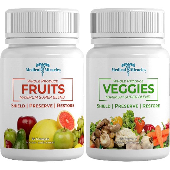 NEW. Medical Miracles - Fruit and Vegetable Supplements - 2 Pack 90 Veggie and 90 Fruit Capsules - Made with Whole Food Superfoods, 17 Veggies and 17 Fruits Made in The USA