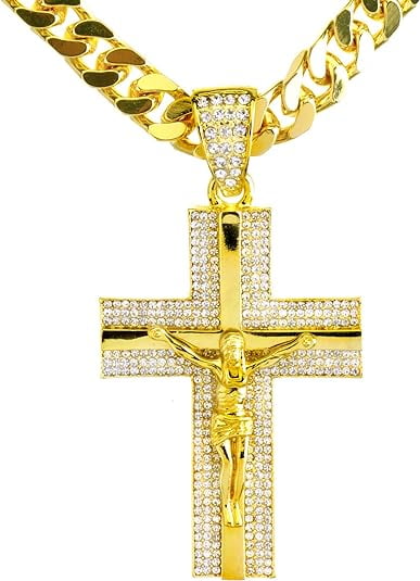 NEW Men's 14K Gold & Silver Plated Iced Cross Jesus Pendant 30" Heavy Cuban Chain Necklace HC 6010 (Gold)
