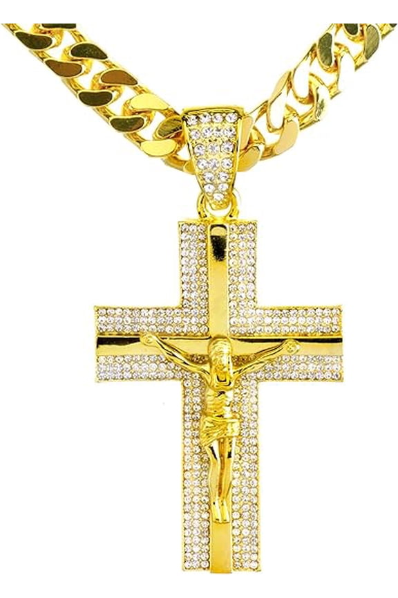 NEW Men's 14K Gold & Silver Plated Iced Cross Jesus Pendant 30" Heavy Cuban Chain Necklace HC 6010 (Gold)