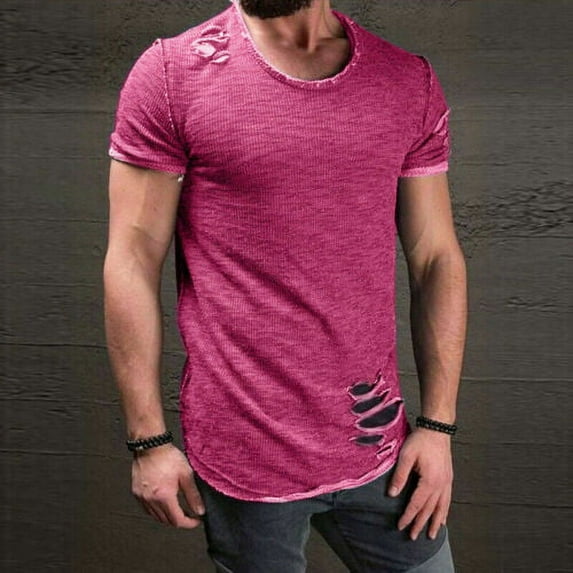 NEW Men's Summer Round Neck T-Shirt Hem Short Sleeve Ripped Hole Tops