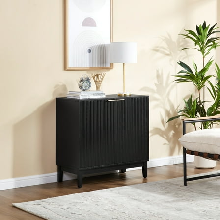 NEW Mid-Century Modern 2 Door Storage Cabinet, Fluted Front Accent Chest with Brass Handles, for Entryway, Dining Room & Media Storage (Black)