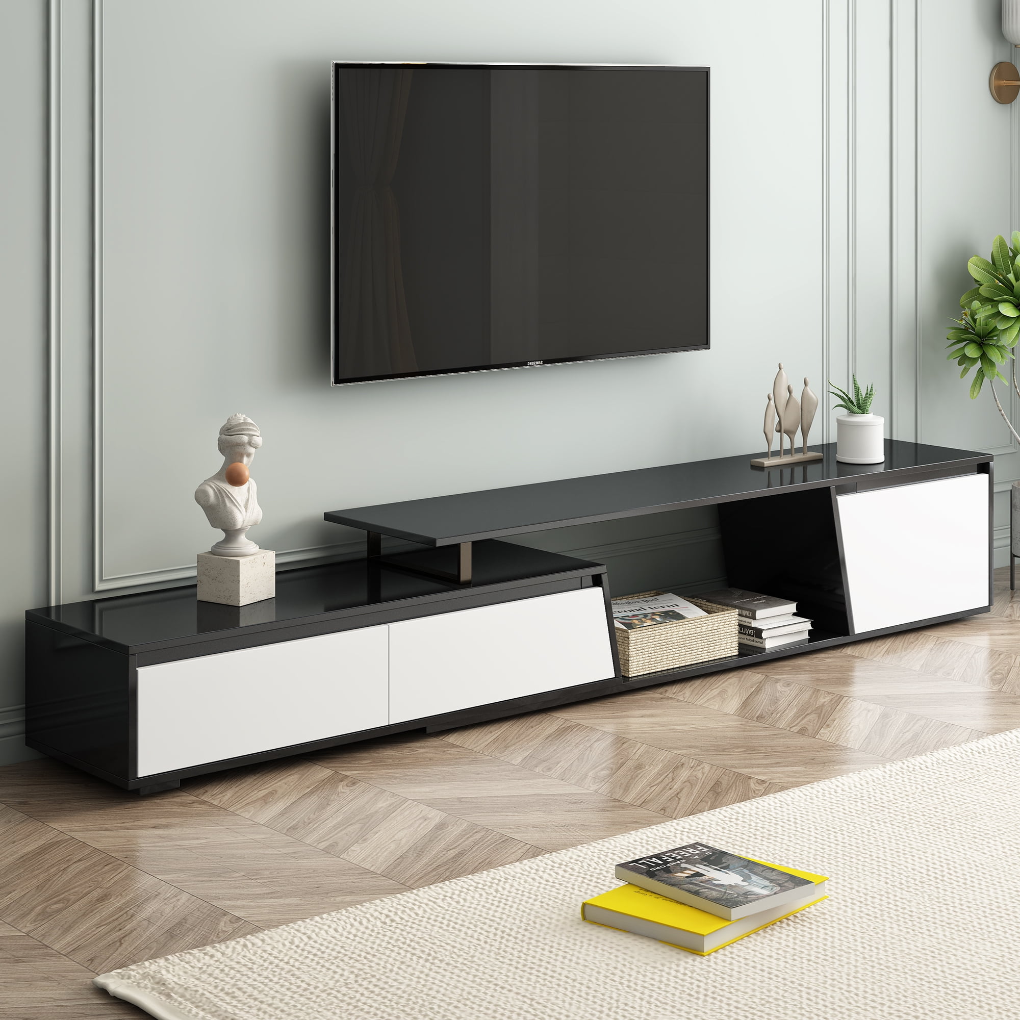 NEW Minimalist Rectangle Extendable 107 inch TV Stand, TV Cabinet with ...