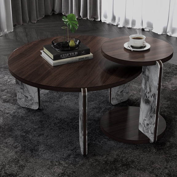 NEW Modern Coffee Table & End Table Set, Walnut Veneer 33" & 17" Round Tables with Sintered Stone Base for Living Room