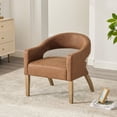 thumbnail image 1 of NEW Modern Upholstered PU Open Back Accent Armchair Barrel Dining Chair with Weathered Rubberwood Legs, Hollow-Out Side Club Chair for Living Room Bedroom Restaurant Cafes Dining Room Reception,Brown, 1 of 9