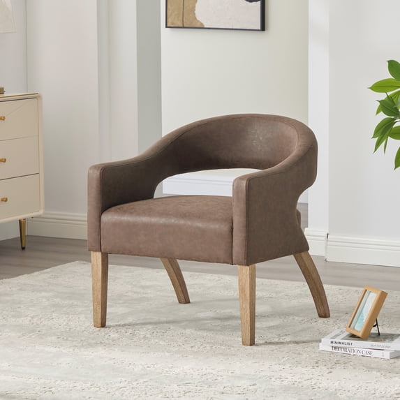 NEW Modern Upholstered PU Open Back Accent Armchair Barrel Dining Chair with Weathered Rubberwood Legs, Hollow-Out Side Club Chair for Living Room Bedroom Restaurant Cafes Dining Room
