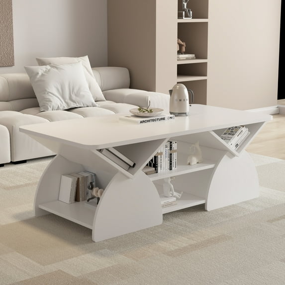 NEW Modern White Coffee Table, 47" Rectangular with Open Shelves & Rounded Corners, Geometric Design Storage Table