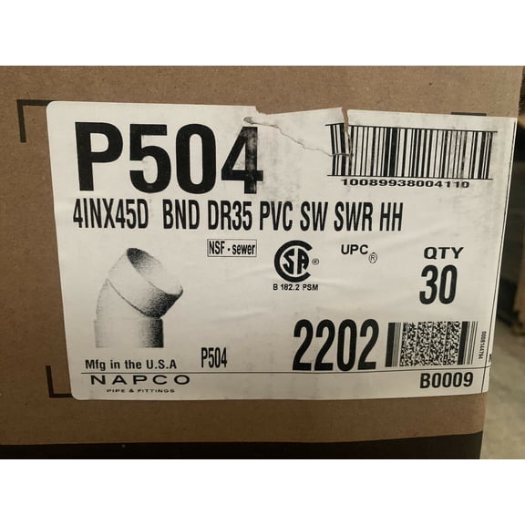 NEW NAPCO P504 4"x45D BND DR35 PVC SW SWR HH, 2202 (30 PC LOT)