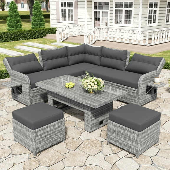 NEW Outdoor Sectional Sofa Set with Adjustable Glass Table – Rattan & Waterproof Fabric Furniture, Removable Ottomans & Recliners for Patio & Backyard
