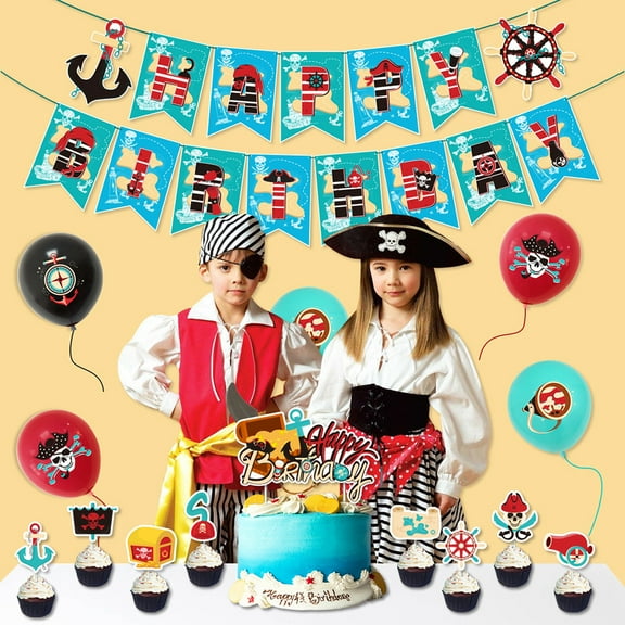 NEW Pirate Theme Birthday Party Kids Funny Party Banner Flag Skulls Balloons Decoration Supplies Cupcake Topper Cards Props