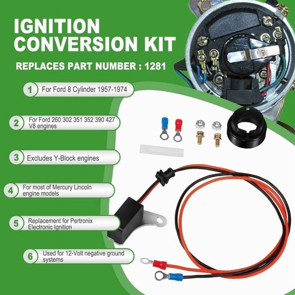 NEW Points-to-Electronic Ignition Conversion Kit Compatible with Ford Mustang F-Series Bronco Thunderbird V8 1960-1974, 1281